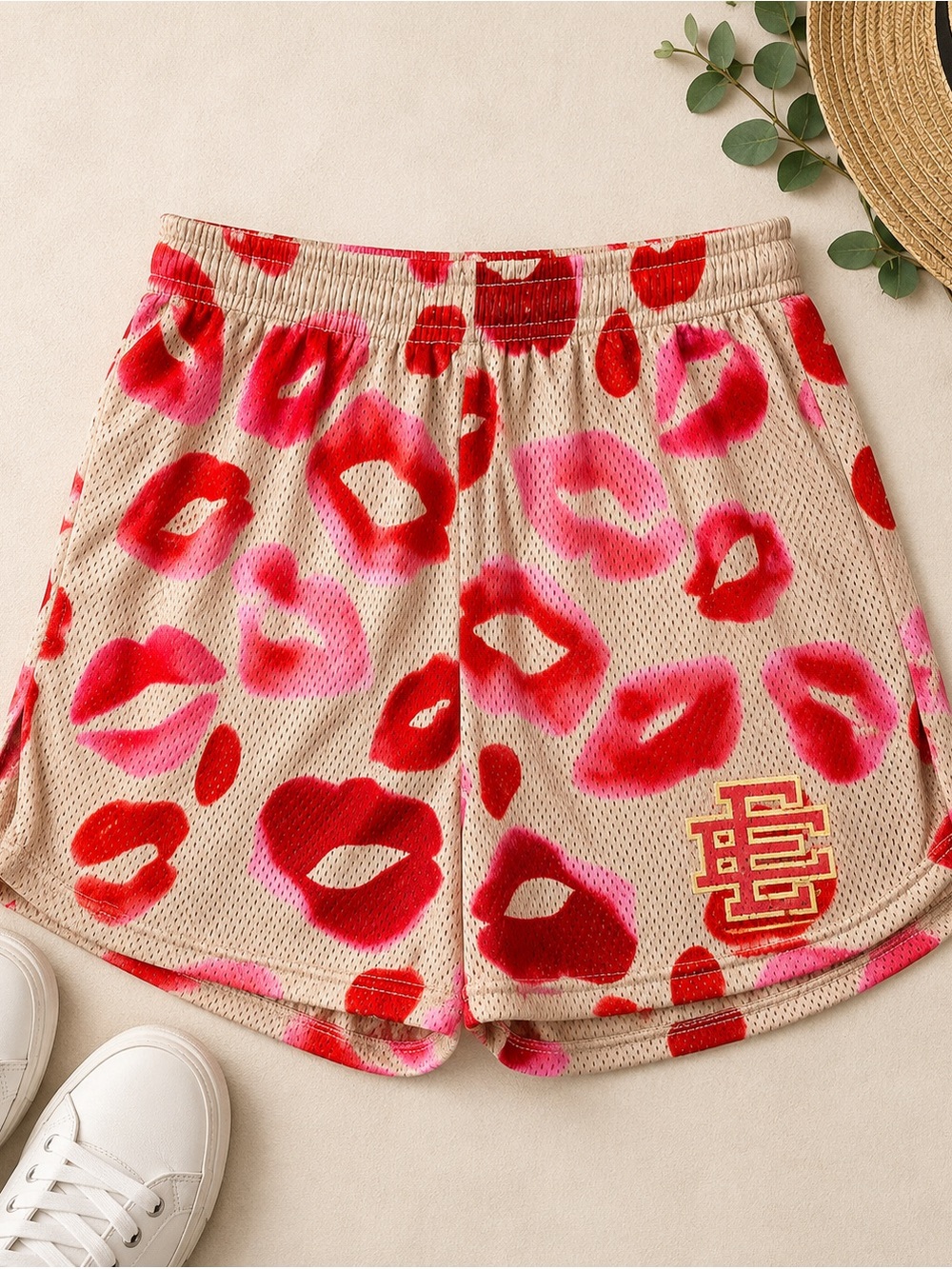 Eric Emanuel EE Lip Print Mesh Shorts Pink Red Beige Size M Made in New York